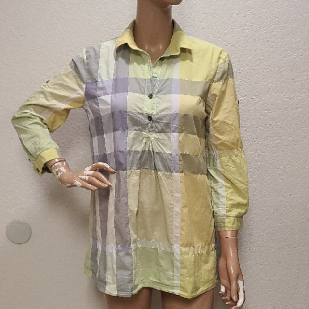 BURBERRY BRIT EXPLODED NOVA CHECK POPOVER SHIRT TUNIC TOP PLAID COTTON sz XS - Picture 2 of 10